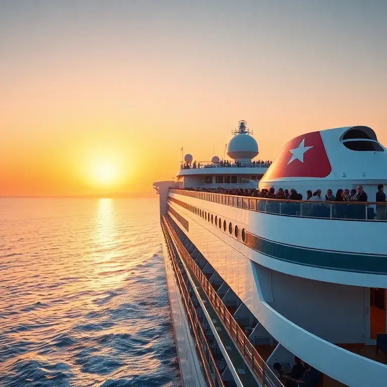 AIDAprima: 46 Nächte Hamburg–Dubai im Oktober: Ein cinematic, fotorealistisches Bild eines Kreuzfahrtschiffs AIDAprima, das in den Sonnenun…