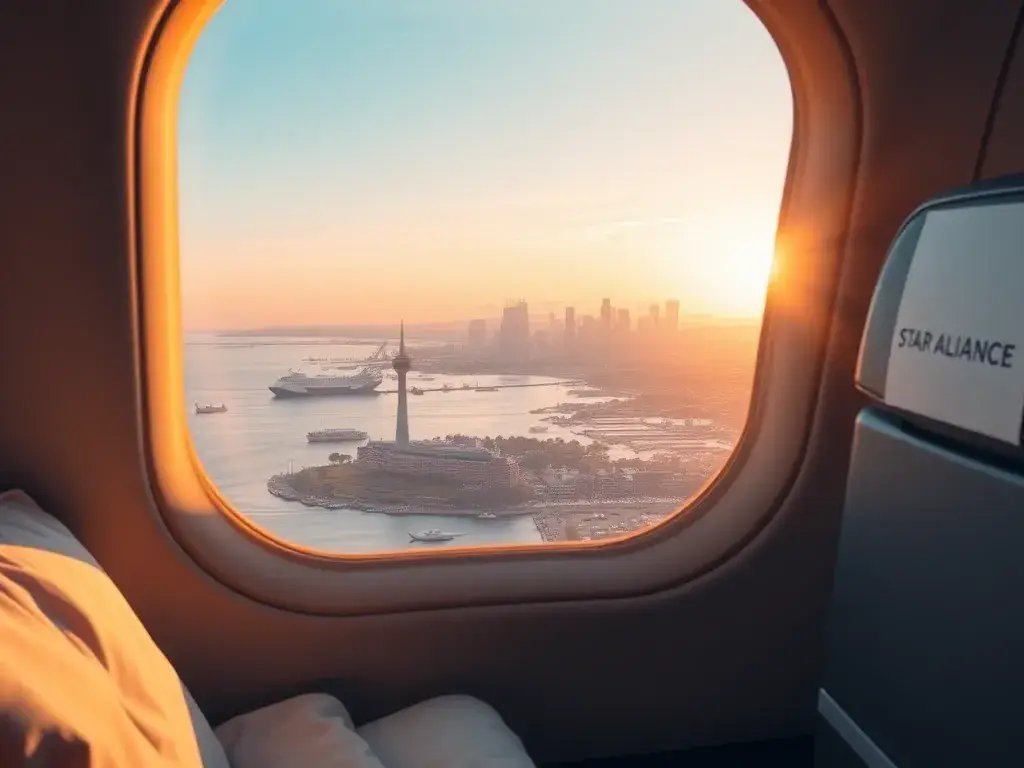 Auckland Neuseeland: €2.613 Business Class Oslo-Bali: Ein fotorealistisches Bannerbild zeigt eine luxuriöse Star Alliance Business Class-Ka…