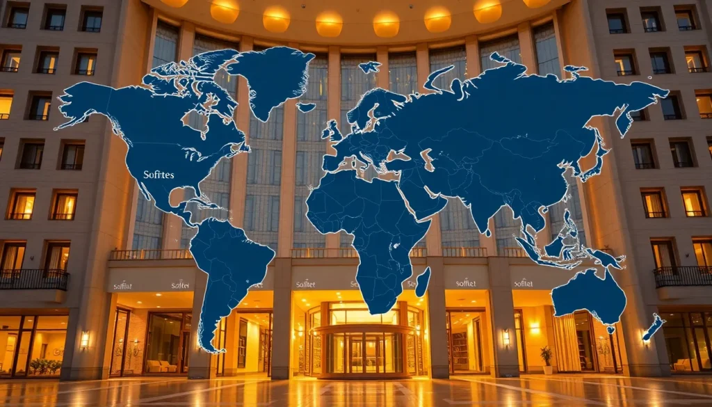 Die 15 günstigsten Sofitel weltweit - Überblick: Die 15 günstigsten Sofitel: Midpost-Bildprompt: Eine stilisierte Weltkarte mit 15 markiert…
