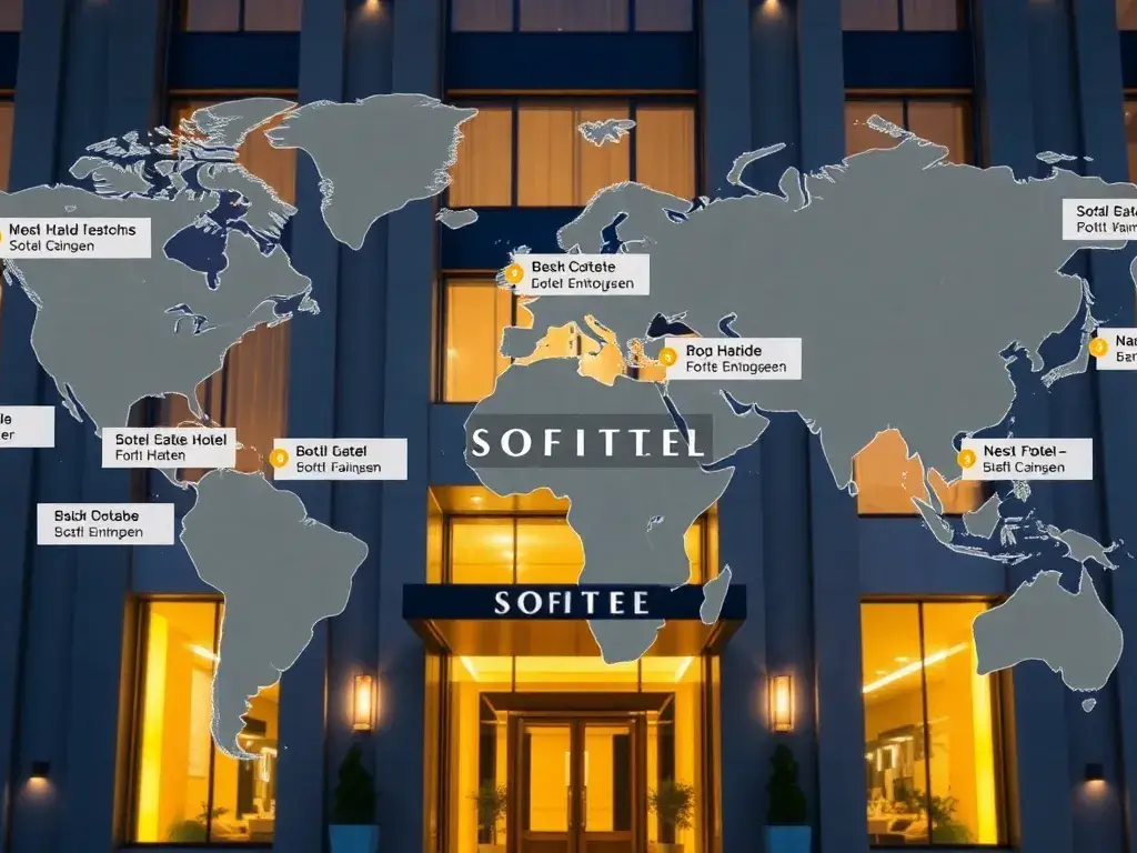 Die 15 günstigsten Sofitel weltweit: Header-Bild: Eine hochwertige Fotografie einer Weltkarte mit markierten Standorten der 15 günstigsten …