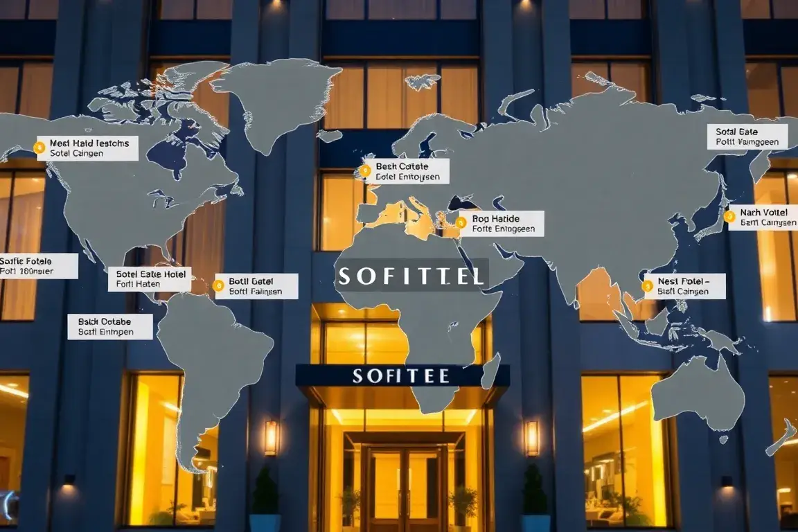 Die 15 günstigsten Sofitel weltweit: Header-Bild: Eine hochwertige Fotografie einer Weltkarte mit markierten Standorten der 15 günstigsten …