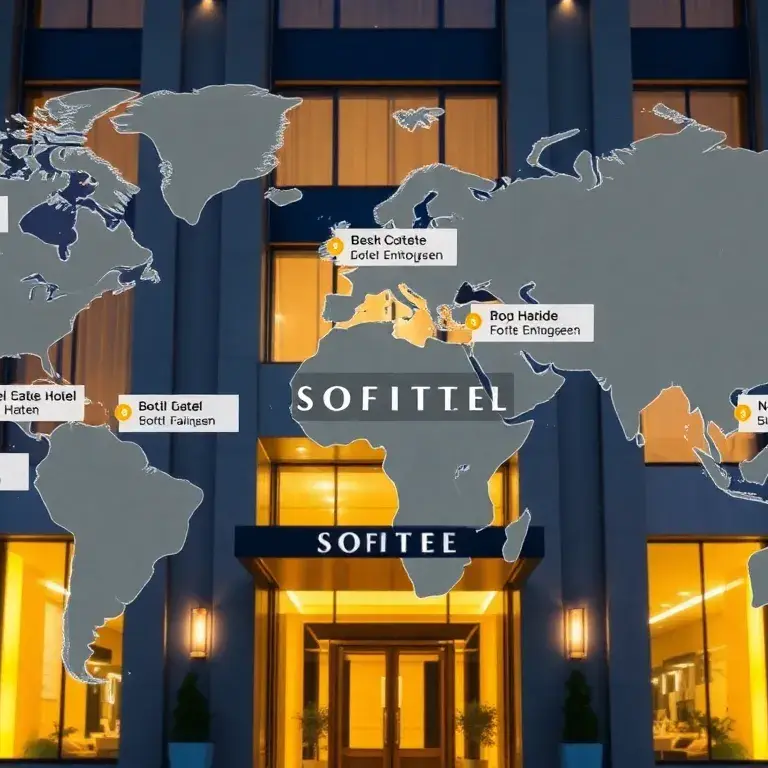 Die 15 günstigsten Sofitel weltweit: Header-Bild: Eine hochwertige Fotografie einer Weltkarte mit markierten Standorten der 15 günstigsten …