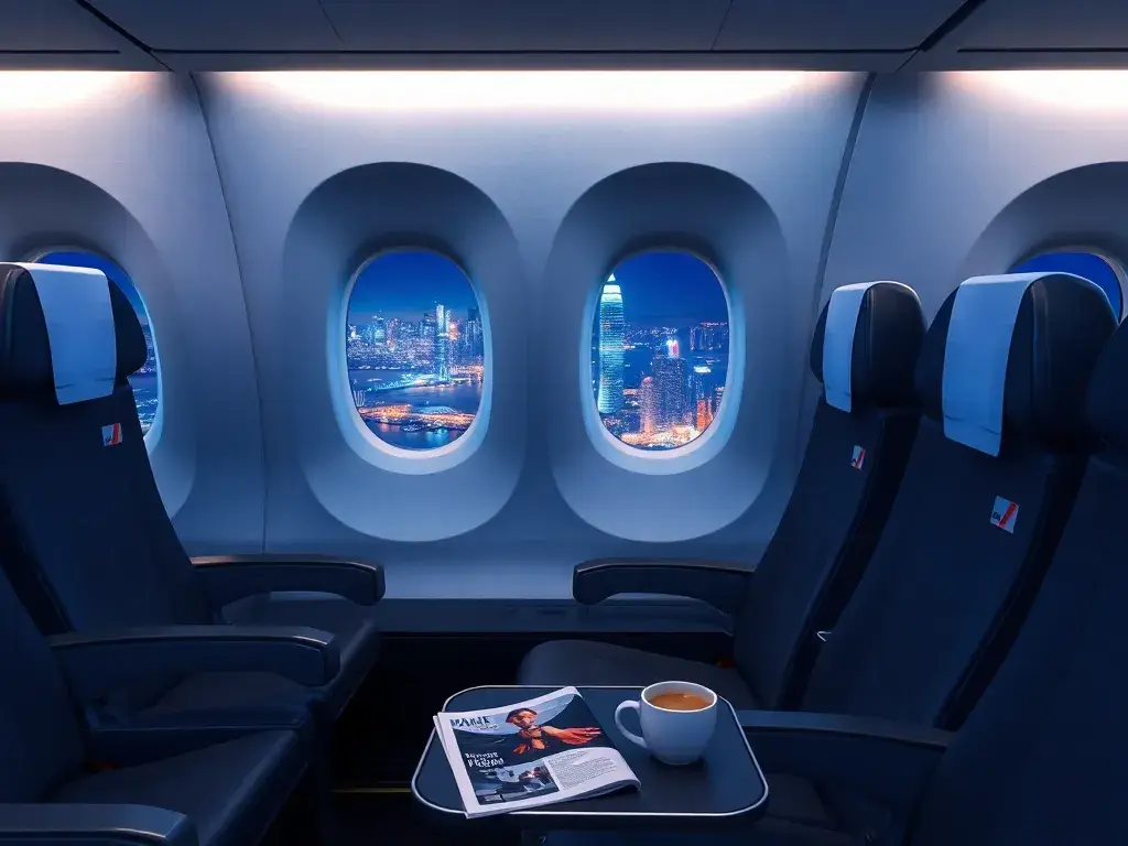 Hongkong €926: Premium Economy ab Sofia: Eine hochwertige, fotorealistische Darstellung einer Air France Premium Economy Kabine auf einem A…