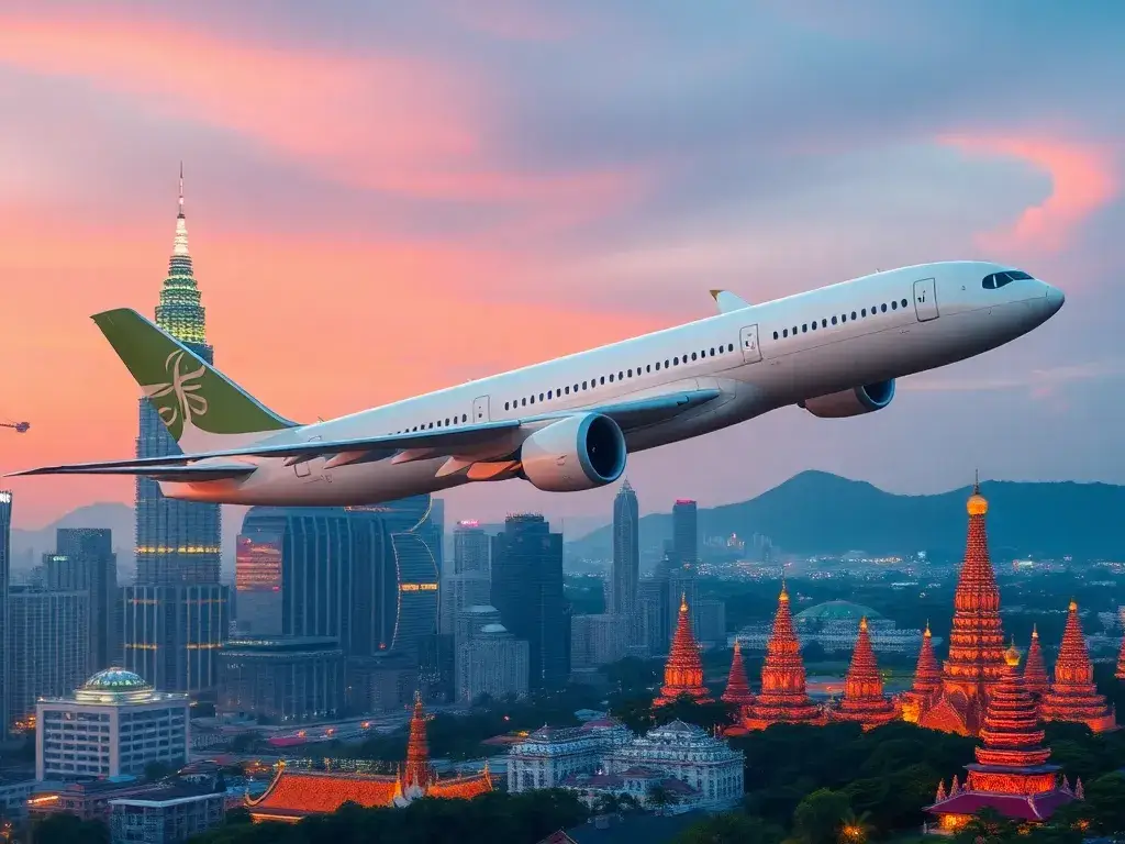 Kuala Lumpur, Bangkok, Bali & More: Saudia-Flüge ab 303€: Eine eindrucksvolle Reise-Headergrafik: Eine Saudia Boeing 787 im Vordergrund, fl…