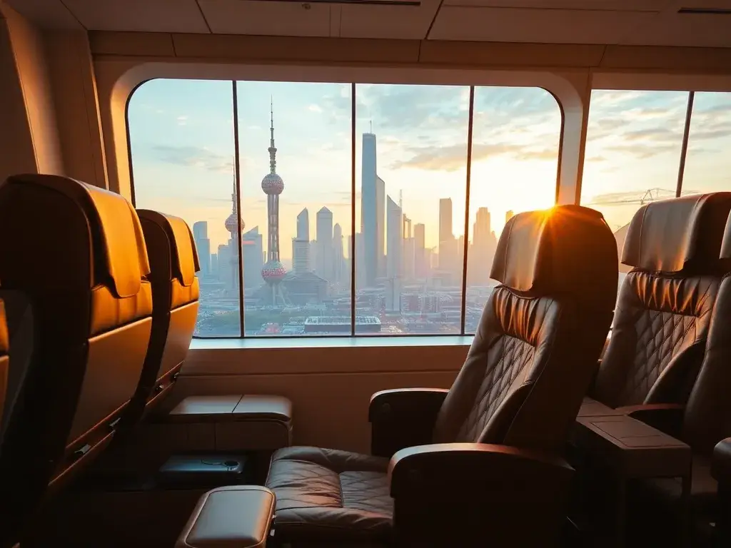 Shanghai: €1,312 Turkish Airlines Business Class ab Bukarest: Fotorealistisches Headerbild: Luxuriöse Turkish Airlines Business Class-Kabin…