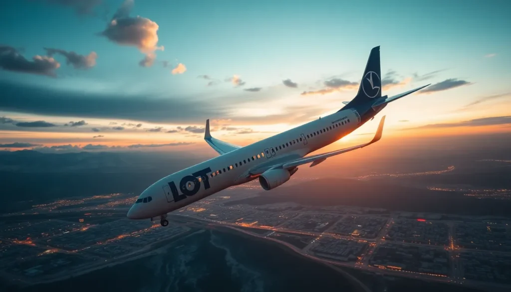 Almaty, Kazachstan: LOT Flüge ab 354€ - Reiseziel Almaty: Fotorealistischer Mid-Post-Bild Prompt: LOT Boeing 737 im Landeanflug über das Ti…