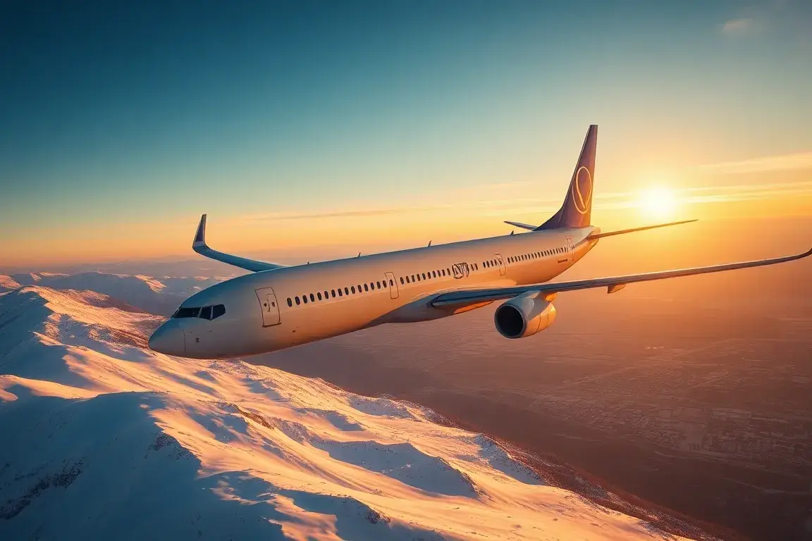 Almaty, Kazachstan: LOT Flüge ab 354€: Fotorealistisches Hauptbild für einen Reiseblog: Eine LOT Boeing 737 im Landeanflug über das schneeb…