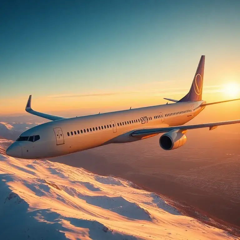 Almaty, Kazachstan: LOT Flüge ab 354€: Fotorealistisches Hauptbild für einen Reiseblog: Eine LOT Boeing 737 im Landeanflug über das schneeb…