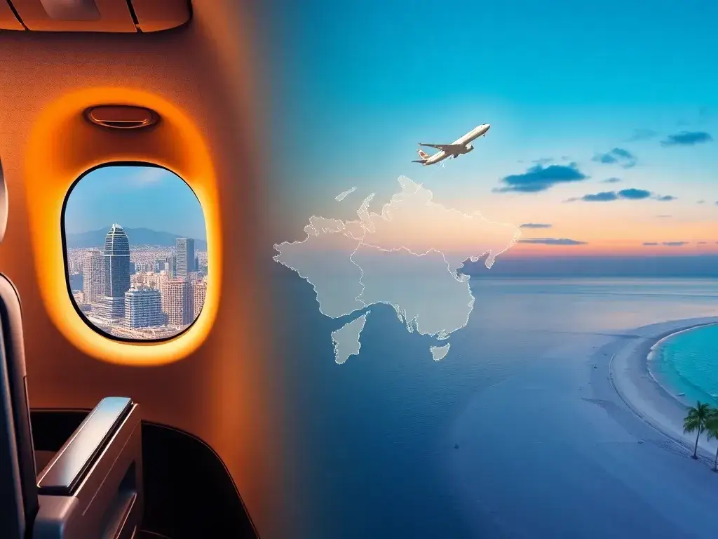 Deals, Die Nicht Auf Die Seite Kamen: Seoul & Karibik: Eine hochwertige, realistische Collage als Hero-Bild: Links eine Premium-Economy-Sit…