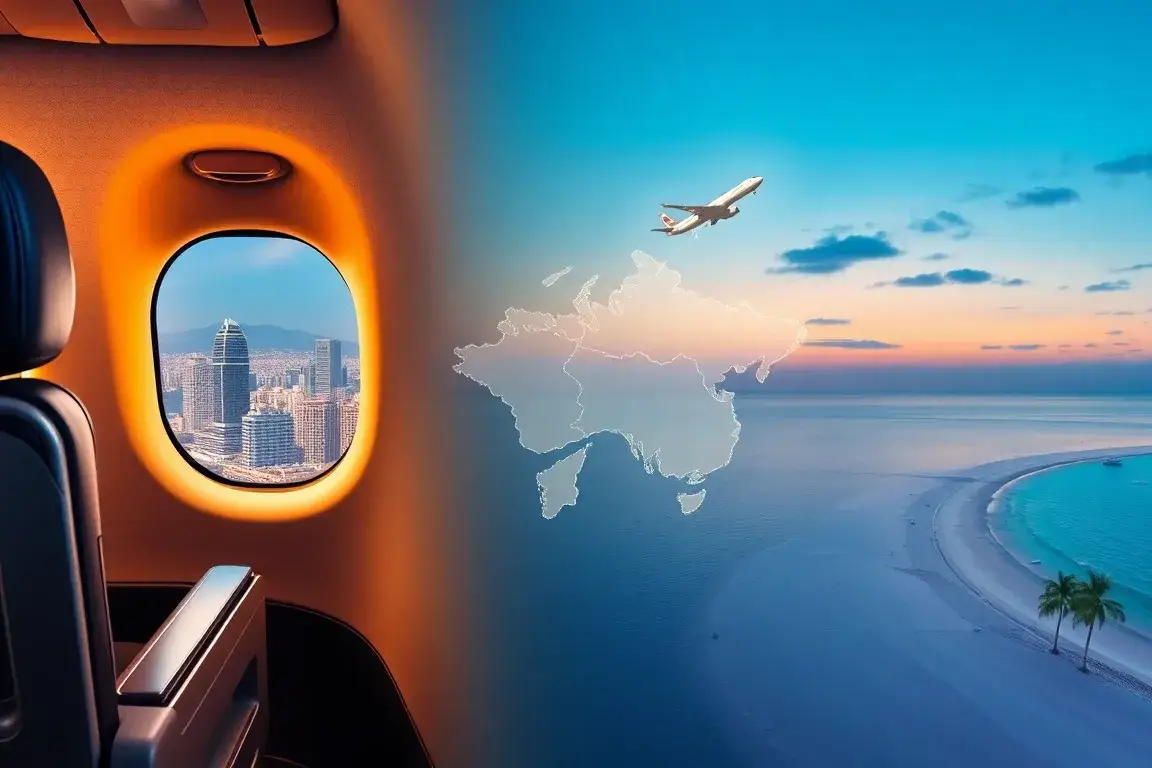 Deals, Die Nicht Auf Die Seite Kamen: Seoul & Karibik: Eine hochwertige, realistische Collage als Hero-Bild: Links eine Premium-Economy-Sit…