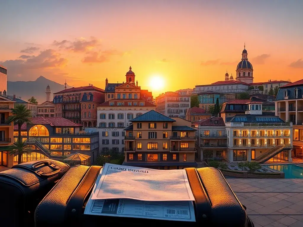 Günstigste Curio-Hotels weltweit im Überblick: Hyperrealistische Hauptbild-Komposition: Eine globale Collage ikonischer Curio Collection-Bo…