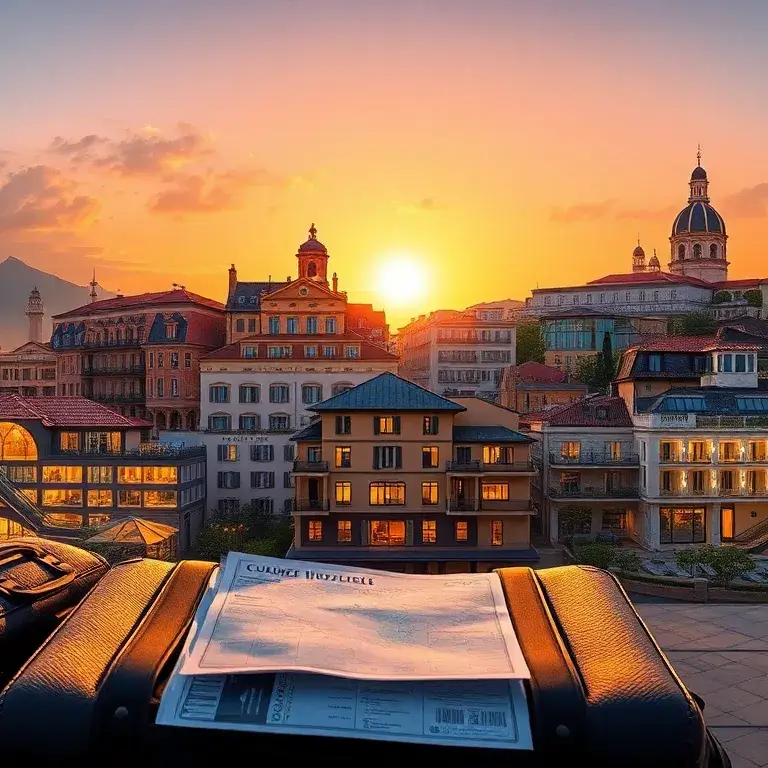 Günstigste Curio-Hotels weltweit im Überblick: Hyperrealistische Hauptbild-Komposition: Eine globale Collage ikonischer Curio Collection-Bo…