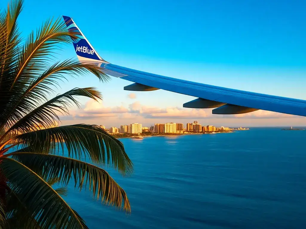 Puerto Rico: €443 JetBlue-Flüge ab Amsterdam & London: Eine eindrucksvolle Header-Grafik: JetBlue-Maschine im Landeanflug über dem türkisfa…