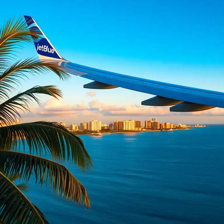 Puerto Rico: €443 JetBlue-Flüge ab Amsterdam & London: Eine eindrucksvolle Header-Grafik: JetBlue-Maschine im Landeanflug über dem türkisfa…