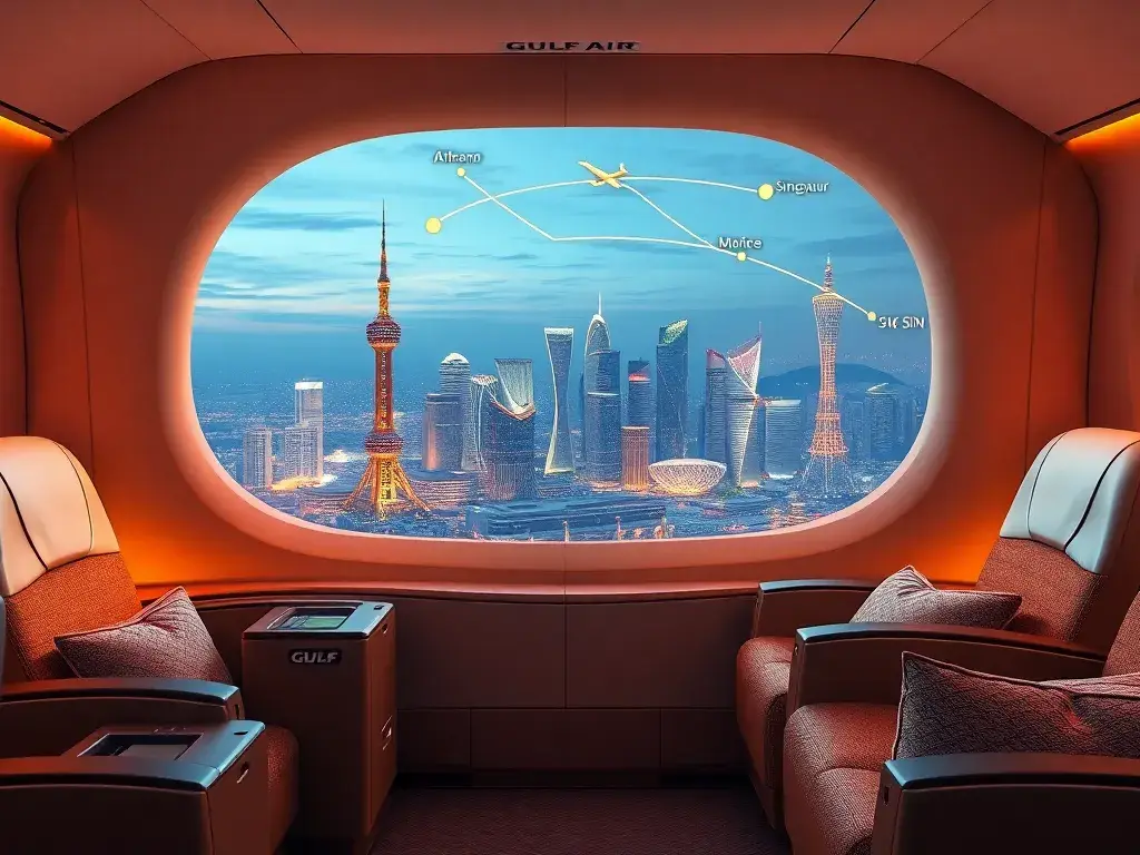 Shanghai & Singapore: Gulf Air Business Class ab 1.561€: Fotorealistisches 3D-Rendering einer Gulf Air Business Class Kabine mit luxuriösen…