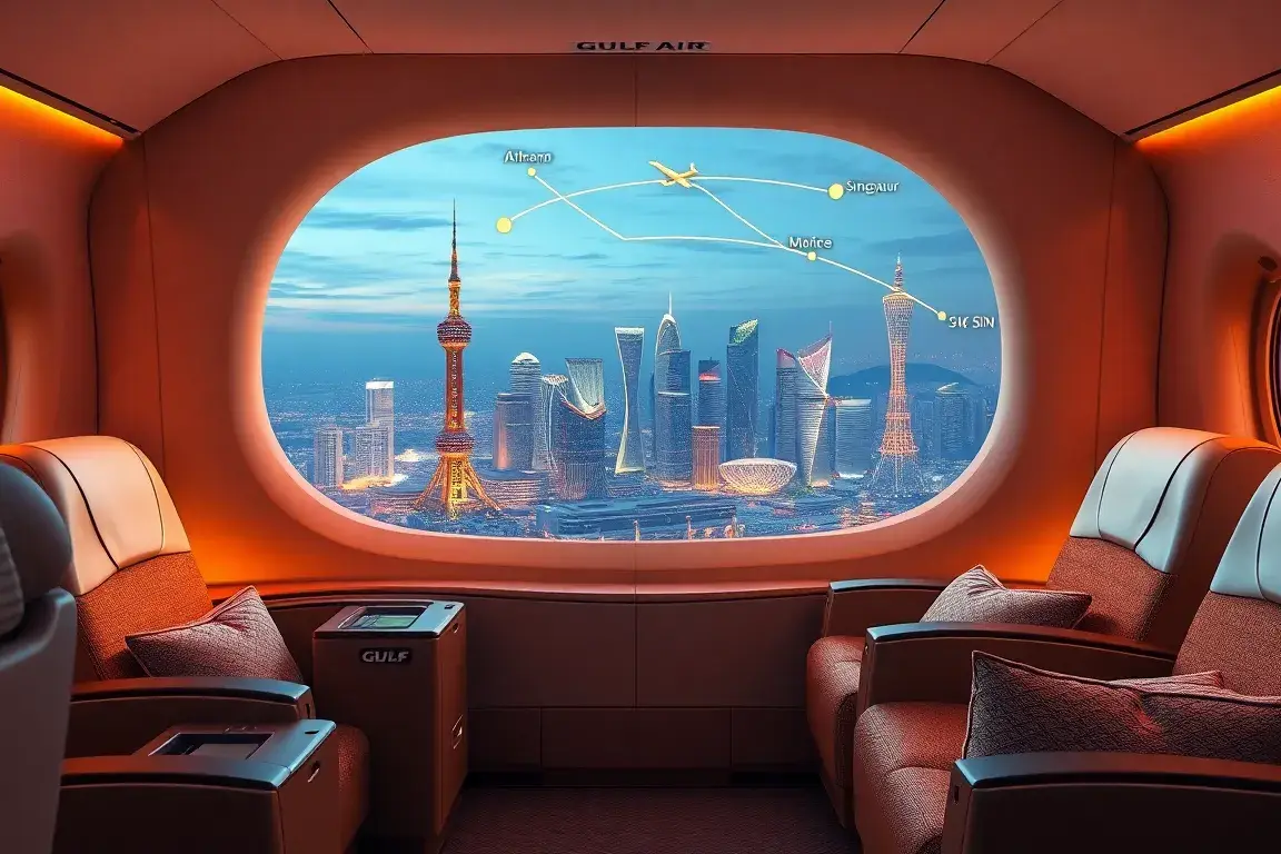 Shanghai & Singapore: Gulf Air Business Class ab 1.561€: Fotorealistisches 3D-Rendering einer Gulf Air Business Class Kabine mit luxuriösen…
