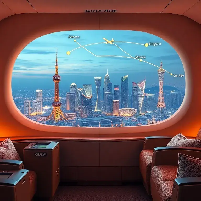 Shanghai & Singapore: Gulf Air Business Class ab 1.561€: Fotorealistisches 3D-Rendering einer Gulf Air Business Class Kabine mit luxuriösen…