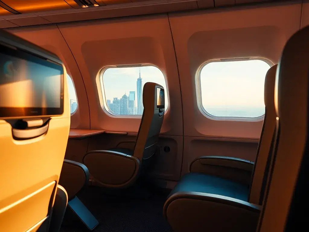 Singapore Airlines €419: Premium Economy NY-SIN: Realistisches, hochauflösendes Bild einer Singapore Airlines Premium-Economy-Sitzreihe auf…