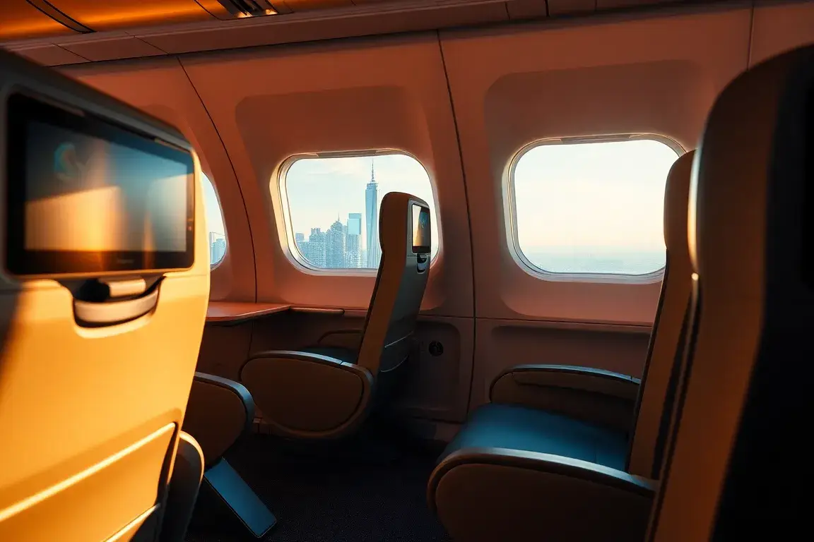 Singapore Airlines €419: Premium Economy NY-SIN: Realistisches, hochauflösendes Bild einer Singapore Airlines Premium-Economy-Sitzreihe auf…