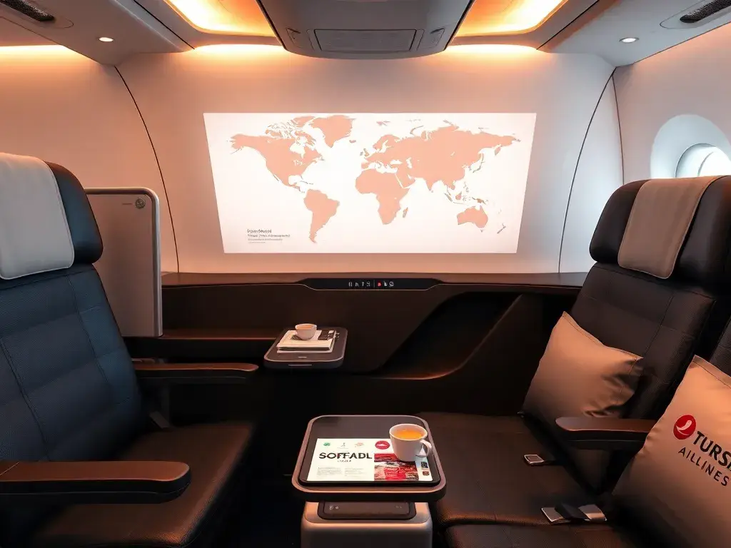 Australien-Deal: €2.334 Business Class Sofia–Adelaide: Hyperrealistisches Foto einer luxuriösen Airbus A350-Business-Class-Kabine in 1-2-1-…