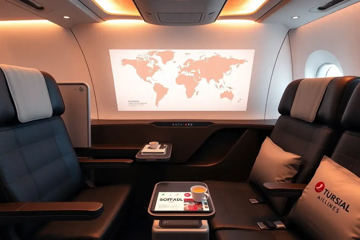 Australien-Deal: €2.334 Business Class Sofia–Adelaide: Hyperrealistisches Foto einer luxuriösen Airbus A350-Business-Class-Kabine in 1-2-1-…