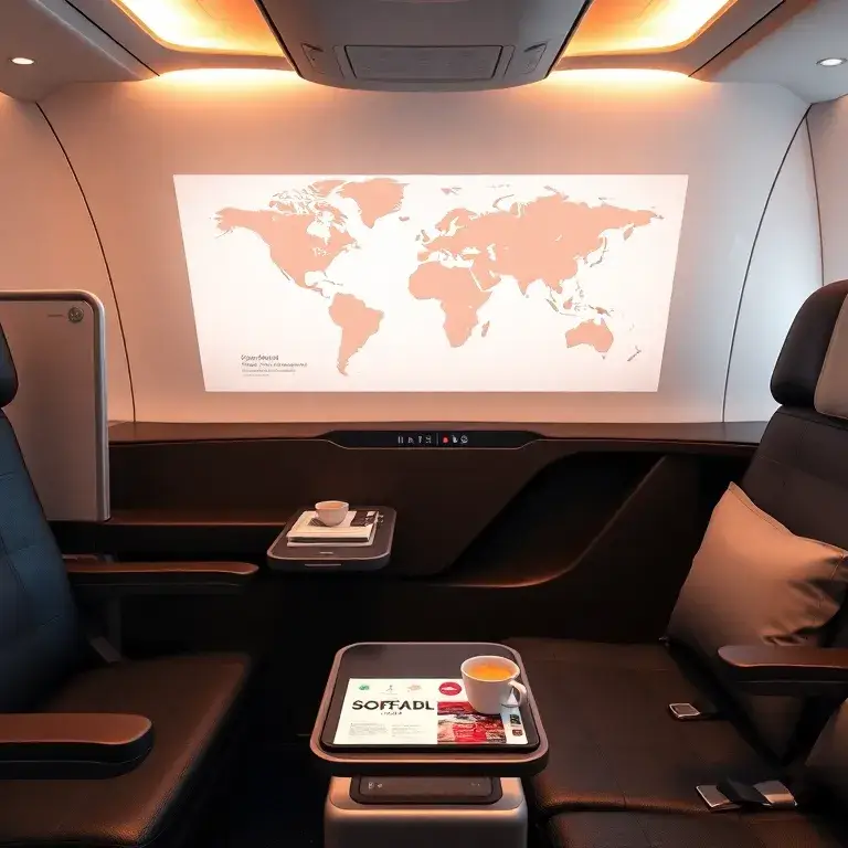 Australien-Deal: €2.334 Business Class Sofia–Adelaide: Hyperrealistisches Foto einer luxuriösen Airbus A350-Business-Class-Kabine in 1-2-1-…