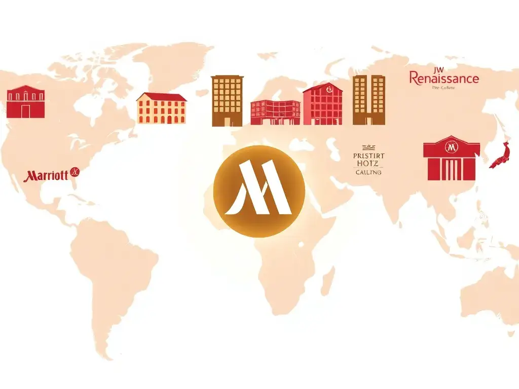 Der günstigste Marriott pro Land weltweit: Eine hochauflösende Cover-Collage ikonischer Marriott-Hotels weltweit (Moxy, Courtyard, JW Marri…