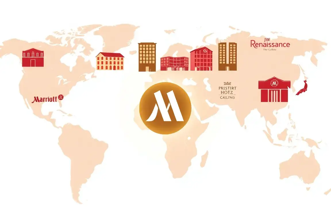 Der günstigste Marriott pro Land weltweit: Eine hochauflösende Cover-Collage ikonischer Marriott-Hotels weltweit (Moxy, Courtyard, JW Marri…