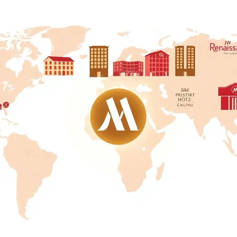 Der günstigste Marriott pro Land weltweit: Eine hochauflösende Cover-Collage ikonischer Marriott-Hotels weltweit (Moxy, Courtyard, JW Marri…