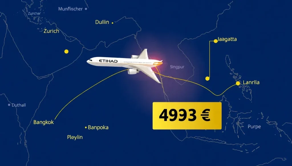 Etihad Flüge €493: Südostasien ab elf europäischen Ländern - Ziele: Eine detaillierte Midjourney-/Stable-Diffusion-Image-Anweisung: Eine Ro…