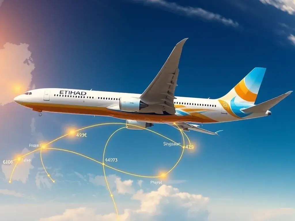 Etihad Flüge €493: Südostasien ab elf europäischen Ländern: Hero-Bild: Ein Etihad-Flugzeug über einer stilisierten Weltkarte, Europa zu Süd…