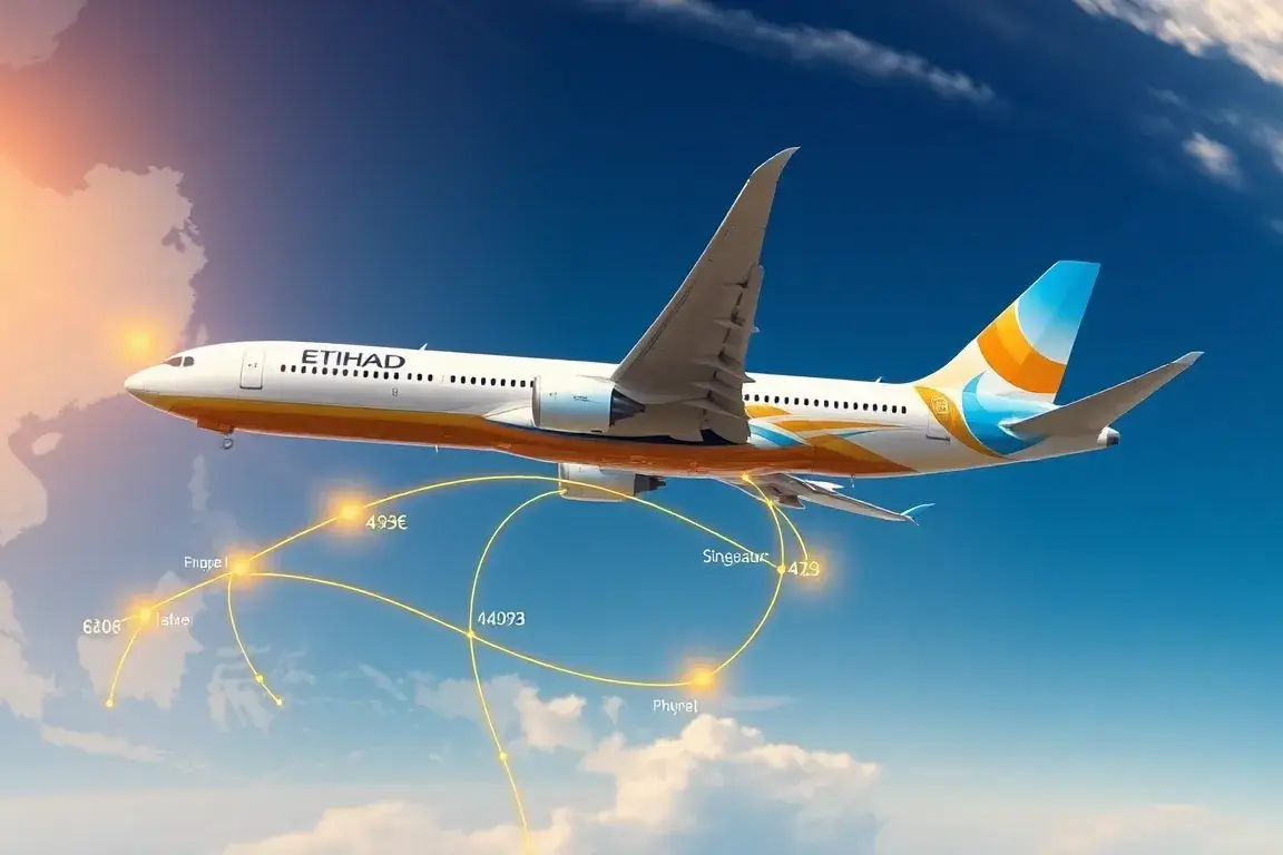 Etihad Flüge €493: Südostasien ab elf europäischen Ländern: Hero-Bild: Ein Etihad-Flugzeug über einer stilisierten Weltkarte, Europa zu Süd…