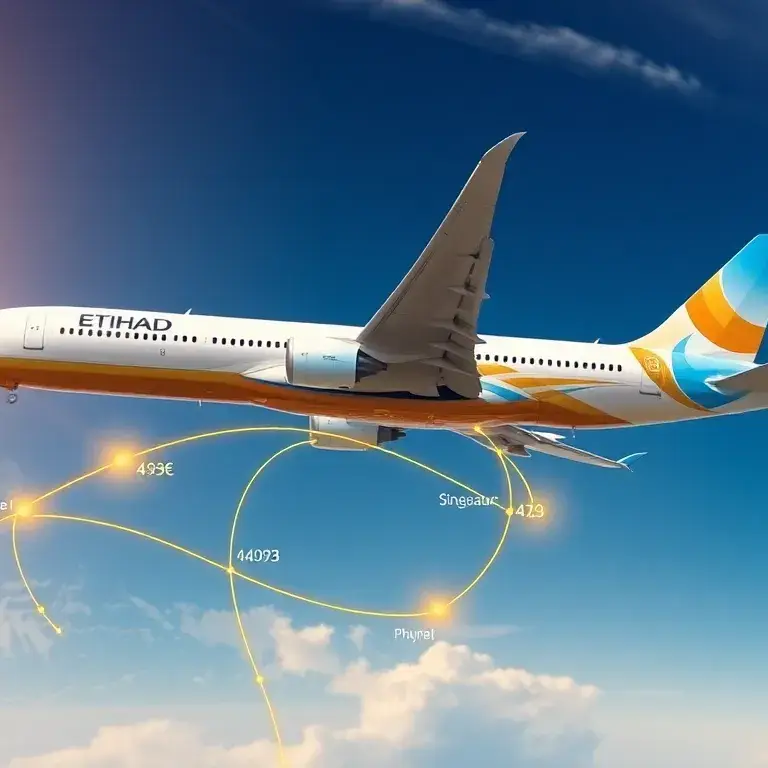 Etihad Flüge €493: Südostasien ab elf europäischen Ländern: Hero-Bild: Ein Etihad-Flugzeug über einer stilisierten Weltkarte, Europa zu Süd…