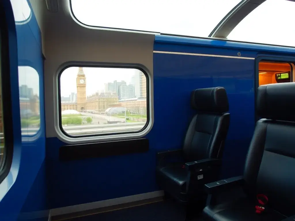 London: Kostenloses Upgrade – Heathrow Express: Großes Hero-Bild: Heathrow Express in Blau, First Class Kabine im Vordergrund, luxuriöse Le…