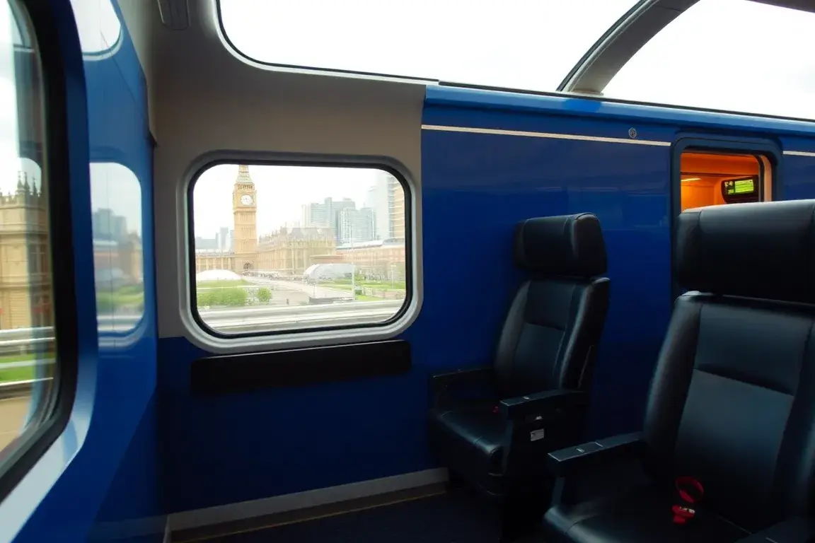 London: Kostenloses Upgrade – Heathrow Express: Großes Hero-Bild: Heathrow Express in Blau, First Class Kabine im Vordergrund, luxuriöse Le…