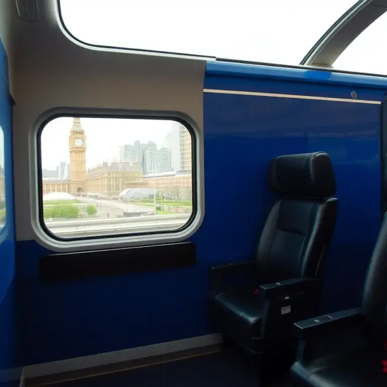 London: Kostenloses Upgrade – Heathrow Express: Großes Hero-Bild: Heathrow Express in Blau, First Class Kabine im Vordergrund, luxuriöse Le…