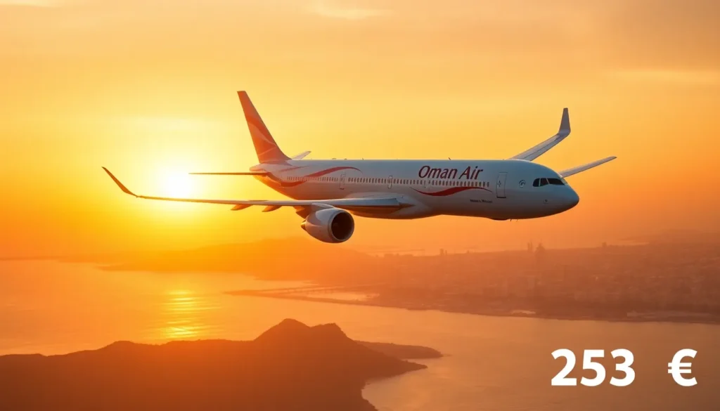 Muscat: €253 Oman Air Nonstop-Flüge ab Europa - Muscat als Reiseziel: Fotorealistisches Travel-Blog-Bild: Eine Oman Air Maschine im Landean…