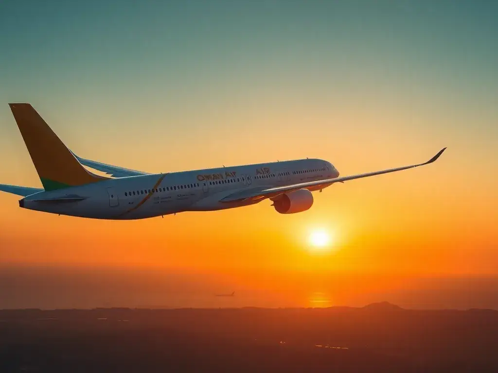 Muscat: €253 Oman Air Nonstop-Flüge ab Europa: Fotorealistisches Travel-Blog-Bild: Eine Oman Air Maschine im Landeanflug über der Muscat-Sk…