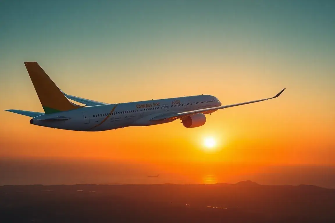 Muscat: €253 Oman Air Nonstop-Flüge ab Europa: Fotorealistisches Travel-Blog-Bild: Eine Oman Air Maschine im Landeanflug über der Muscat-Sk…