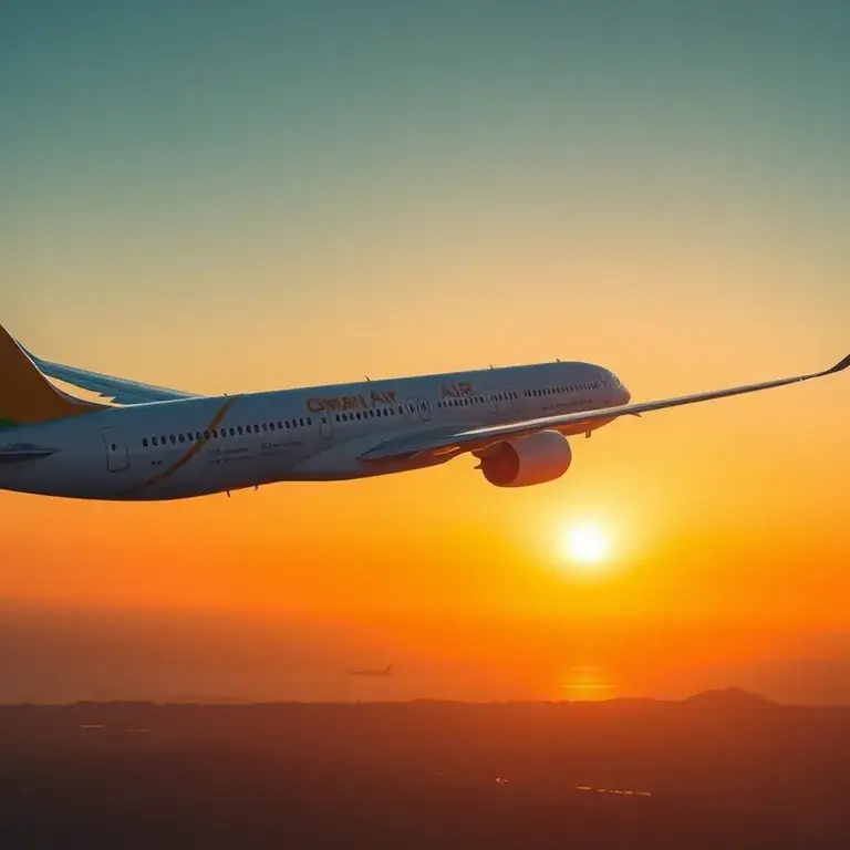 Muscat: €253 Oman Air Nonstop-Flüge ab Europa: Fotorealistisches Travel-Blog-Bild: Eine Oman Air Maschine im Landeanflug über der Muscat-Sk…