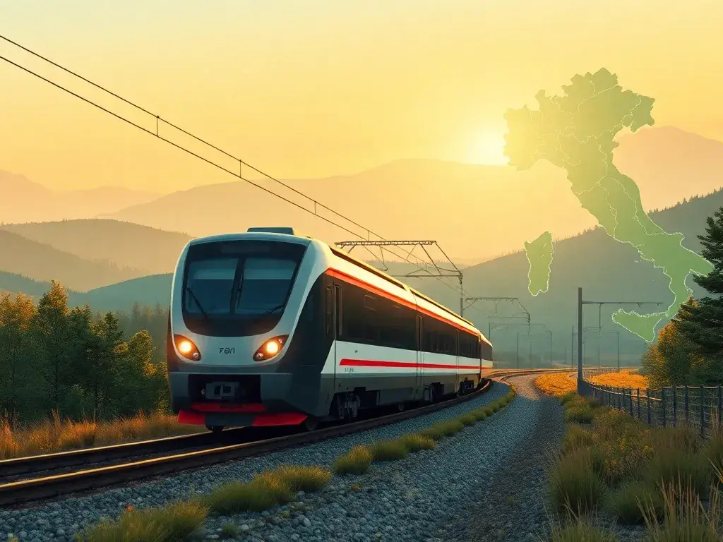 Trenitalia Pass: Flexible Zugreisen in Italien: Eine hochauflösende 16:9 Illustration: Ein moderner Trenitalia-Zug fährt durch eine sonnige…