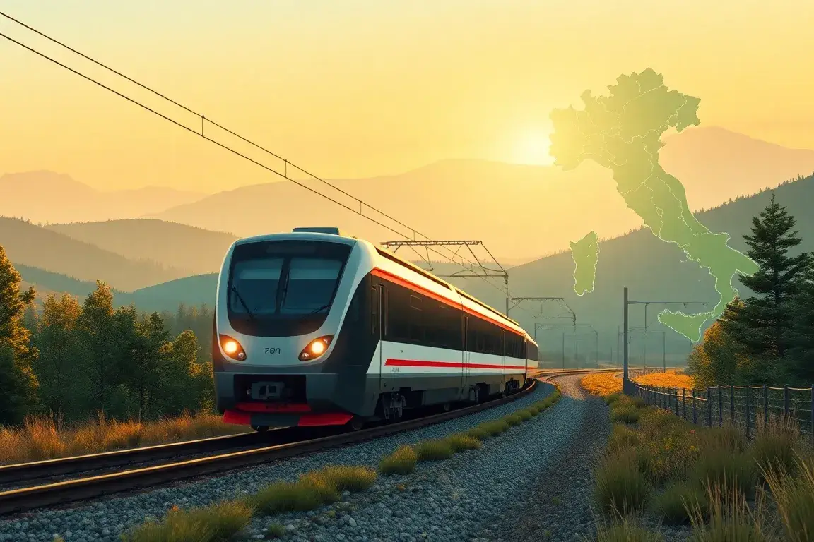 Trenitalia Pass: Flexible Zugreisen in Italien: Eine hochauflösende 16:9 Illustration: Ein moderner Trenitalia-Zug fährt durch eine sonnige…