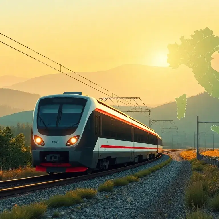 Trenitalia Pass: Flexible Zugreisen in Italien: Eine hochauflösende 16:9 Illustration: Ein moderner Trenitalia-Zug fährt durch eine sonnige…
