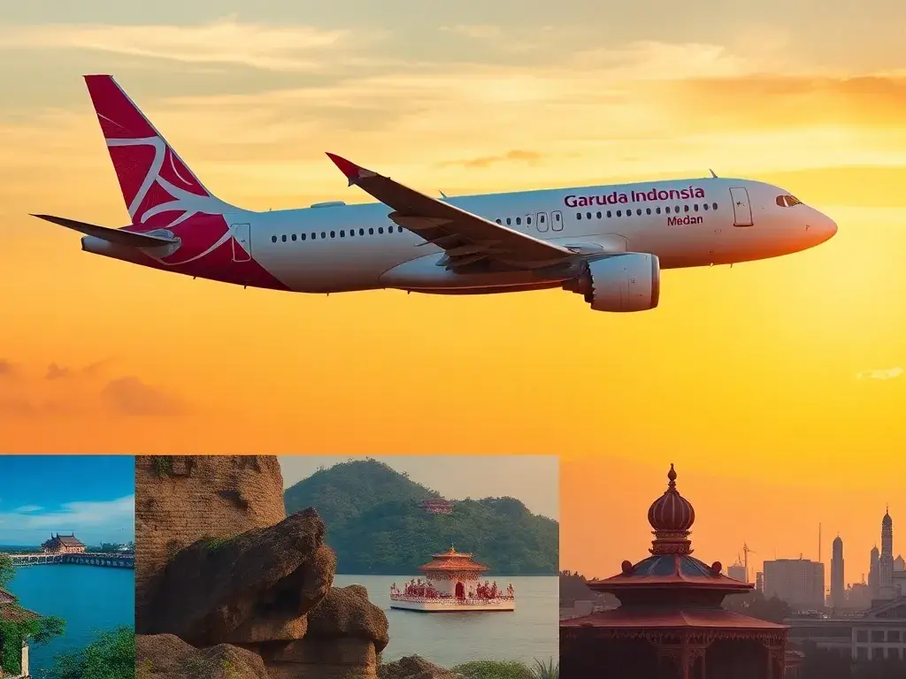 Garuda Flüge Amsterdam nach Bali, Medan & Jakarta ab 594€: Ein eindrucksvolles Titelbild: Garuda Indonesia-Flugzeug beim Start über dem Flu…