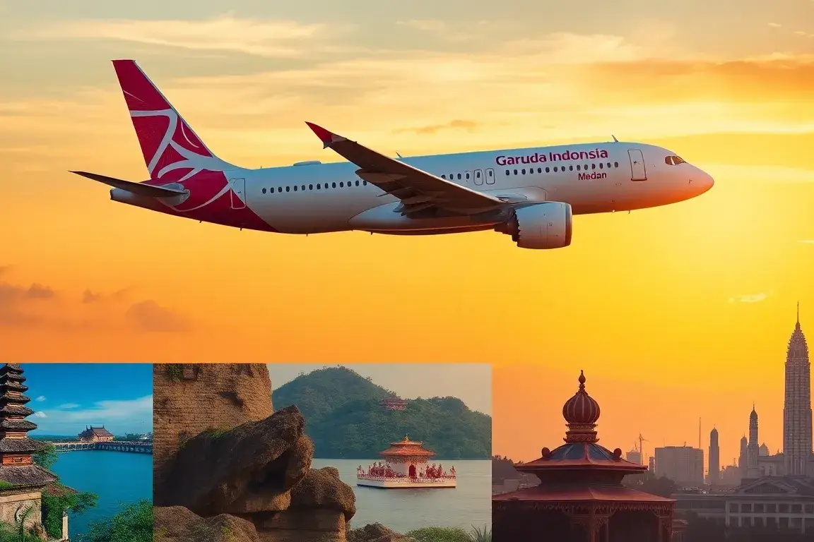 Garuda Flüge Amsterdam nach Bali, Medan & Jakarta ab 594€: Ein eindrucksvolles Titelbild: Garuda Indonesia-Flugzeug beim Start über dem Flu…