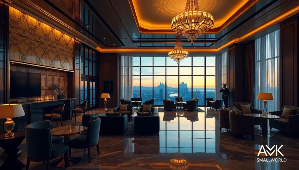 Kostenloses ASMALLWORLD Premium: 1 Monat + GHA Gold Status - Aktuelle ASMALLWORLD Deals: Luxuriöse Hotel-Lobby bei Abendlicht, Gold- und Kö…