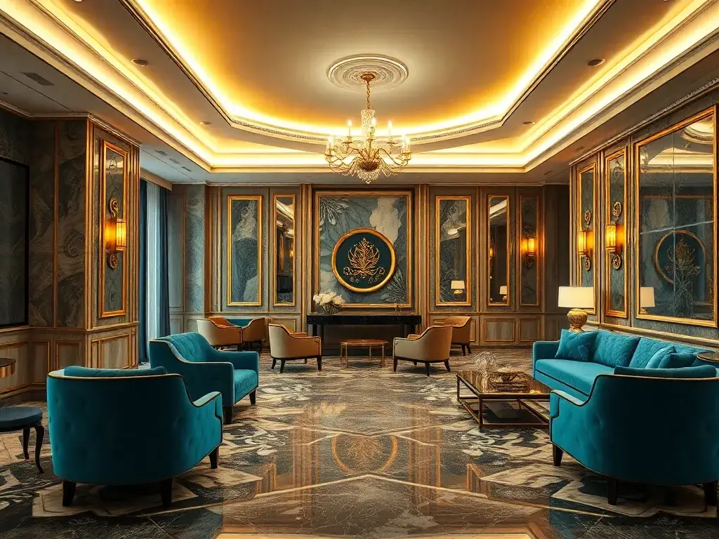 Kostenloses ASMALLWORLD Premium: 1 Monat + GHA Gold Status: Luxuriöse Hotel-Lobby, warmes Licht, Gold- und Königsblau-Töne, Marmorboden, el…