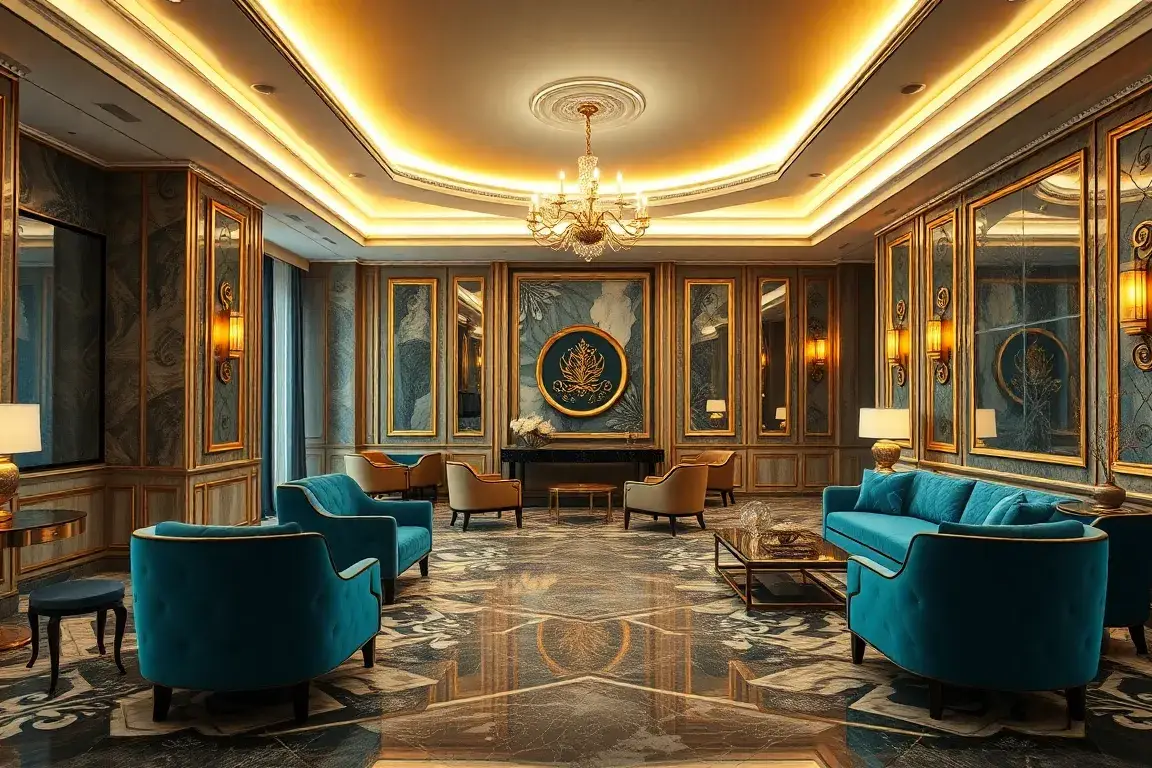 Kostenloses ASMALLWORLD Premium: 1 Monat + GHA Gold Status: Luxuriöse Hotel-Lobby, warmes Licht, Gold- und Königsblau-Töne, Marmorboden, el…