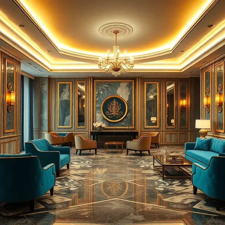 Kostenloses ASMALLWORLD Premium: 1 Monat + GHA Gold Status: Luxuriöse Hotel-Lobby, warmes Licht, Gold- und Königsblau-Töne, Marmorboden, el…