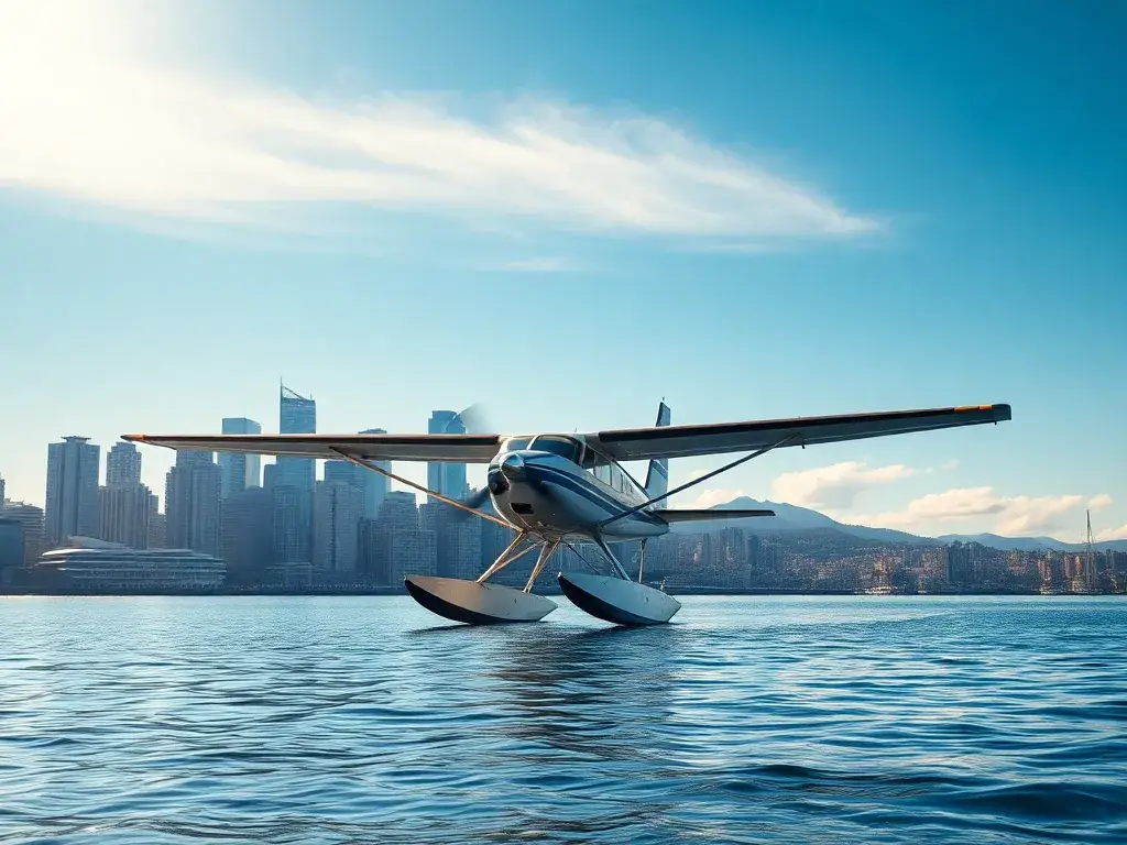 Vancouver: Kostenlose Seaplane-Fahrt inkl. 2 Nächte Hotel: Harbour Air Seaplane vor der Vancouver-Skyline, ruhiges Wasser im Vordergrund, S…